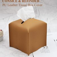 Livelab Tissue Box Cover, Modern Square Decorative PU Leather Facial Paper Case Organizer Holder Dispenser for Bathroom, Vanity Countertop, Night Stands, Desk, Car 5X5X5'' | Camel - Image 4