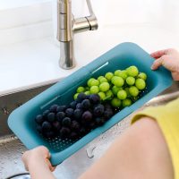 BLUE GINKGO Over the Sink Colander Strainer Basket - Wash Vegetables and Fruits, Drain Cooked Pasta and Dry Dishes - Extendable - New Home Kitchen Essentials (7.9 W x 14.5-19.5 L x 2.75 H) - Teal - Image 7