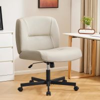 Furniliving Criss Cross Chair with Wheels, Wide Mid-Back Criss Cross Legged Chair Computer Desk Chair Height Adjustable Home Office Desk Chair for Bedroom Living Room, Office, Grey, PU - Image 2