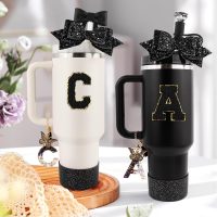 Black Cup Accessories Set for Stanley 30OZ & 40OZ Tumbler with Handle, Letter Charms, Bow & Diamond Straw Covers, Glitter Silicone Boot, Personalized Sticker for Stanley Cup Accessories (V) - Image 7