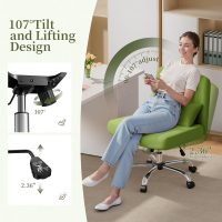 Warmiehomy Velvet Cross Legged Office Chair, Comfy Desk Chair for Home Office, Criss Cross Chair with Wheels, Height Adjustable Vanity Chair, Swivel Wide Seat Computer Chair Gift, Light Green - Image 3