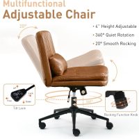 Dual Layer Criss Cross Legged Chair with Wheels, Comfy Rolling Office Desk Armless Chair with Pillows, Wide Swivel Vanity Chairs Computer Task Chair for Makeup, Bedroom (PU Leather Brown) - Image 5