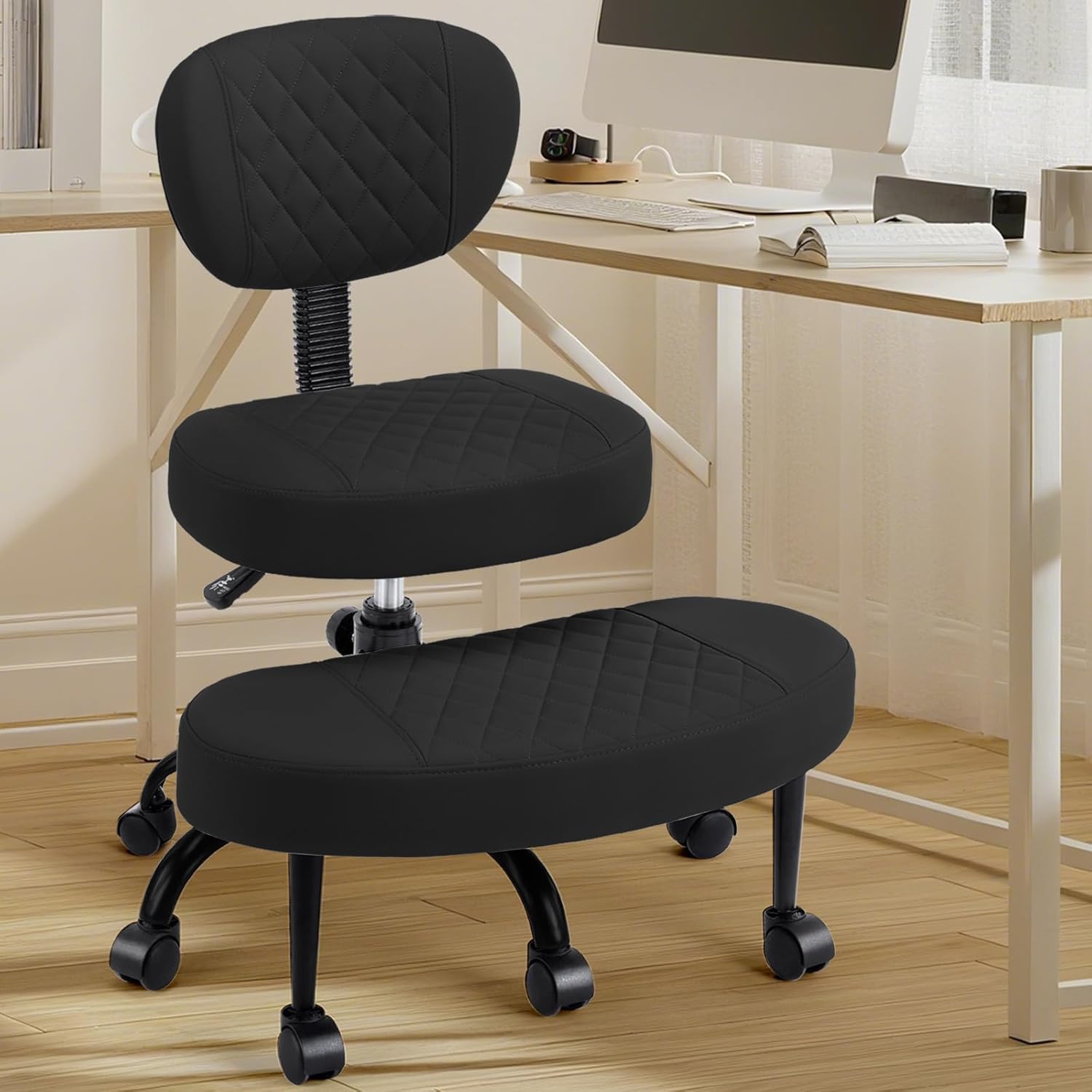 Cross Legged Office Chair with Wheels, Wide Criss Cross Kneeling Home Office Desk Chairs with Back Support, Ergonomic Adjustable Height ADHD Stool with Rotating Footrest for Yoga Meditation