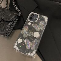 Fycyko Compatible with iPhone 14/13 Butterfly Floral Clear with Design Aesthetic Women Teen Girls Glitter Pretty Crystal Sparkle Sparkly Cute Girly Phone Cases Protective Cover+Chain-Clear - Image 5