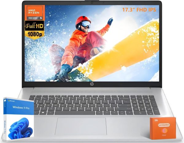HP 17 inch Laptop, 17.3" FHD IPS Display, AMD Ryzen 5 (Beats i7-11370H), AMD Radeon Graphics, 64 GB RAM, 2 TB SSD, Wi-Fi 6, Webcam, Long Battery Life, Business & Student, Win 11 Pro, RH-Acccessories