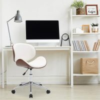 BELLEZE Mid-Century Modern Desk Chair, Contemporary Office Bentwood Style Wingback Seating, Minimalist Adjustable Vintage Replica with Swivel, Faux Leather and Walnut - Avalon (White) - Image 2