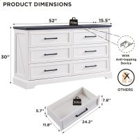 Farmhouse 6 Drawer Dresser for Bedroom, 52 Inch Wide Modern Dresser TV Stand with Large Drawers & Bar Handles, Rustic Wood Chest of Drawers for Bedroom, Living Room, Hallway, Off White - Image 2