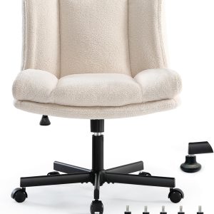LEAGOO Criss Cross Chair with Wheels, Furry Armless Desk Chair, Comfy Wide Seat Cross Legged Office Chair, Stylish Height Adjustable Cute Swivel Vanity Chair for Home Office, Make Up, Cream White