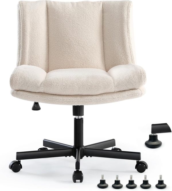 LEAGOO Criss Cross Chair with Wheels, Furry Armless Desk Chair, Comfy Wide Seat Cross Legged Office Chair, Stylish Height Adjustable Cute Swivel Vanity Chair for Home Office, Make Up, Cream White