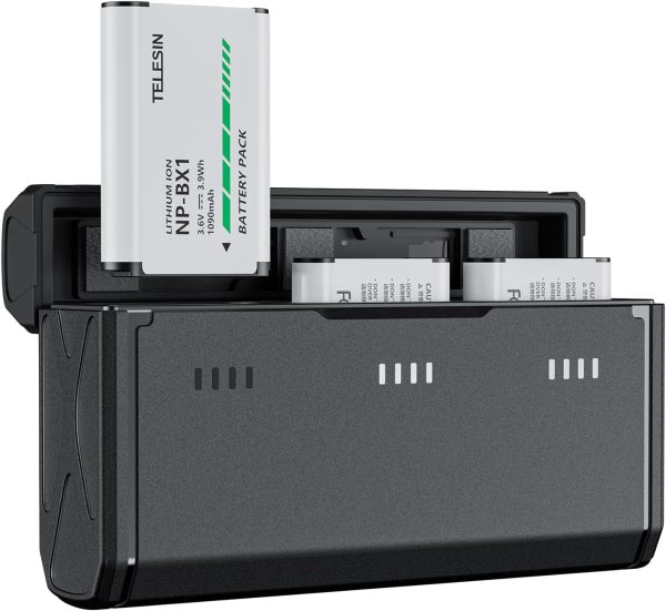 TELESIN 2 Pack NP-BX1 Battery and 3-Channel Battery Charger for Sony NP-BX1/M8, ZV-1, ZV-1 II, Cyber-Shot DSC-HX80, HX90V, HX95, HX99, RX1, RX1R II, RX100 (II/III/IV/V/VA/VI/VII), FDR-X3000, HDR-AS50