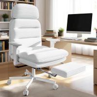 Criss Cross Chair with Wheels & Flip-up Arms, Executive Office Chair with Foot Rest, Swivel Cross Legged Office Chair, Corduroy Fabric Comfy Computer Desk Chair, Vanity Chair for Home, White - Image 8
