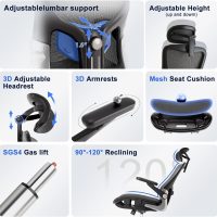 Ergonomic Office Chair，Mesh Seat Cushion with 3D Armrests and 3D Headrest, Adjustable Lumbar Support with Rocking Function, SGS Class 4 Gas Clylinder，Black - Image 7