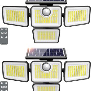 4500LM Solar Lights Outdoor, 4 Adjustable Heads Motion Sensor Lights, 3 Mode, 6500K, IP65 Waterproof Solar Security Wall Lights, Remote Control Flood Lights, Graden, Outside, Backyard, 2 Pack