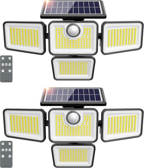 4500LM Solar Lights Outdoor, 4 Adjustable Heads Motion Sensor Lights, 3 Mode, 6500K, IP65 Waterproof Solar Security Wall Lights, Remote Control Flood Lights, Graden, Outside, Backyard, 2 Pack