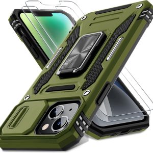 DEERLAMN Case for iPhone 13/iPhone 14 6.1-Inch with Slide Camera Cover+Screen Protector(2 Packs),Rotated Ring Kickstand Military Grade Shockproof Protective Cover-Olive Green