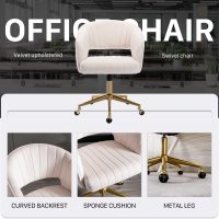 Home Office Chair Swivel Velvet Desk Chair Accent Armchair Upholstered Modern Tufted Chairs with Gold Base for Girls Women Ergonomic Study Seat Computer Task Stools for Living Room(Cream) - Image 7