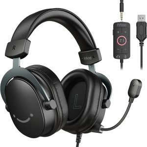 FIFINE PC Gaming Headset, USB Headset with 7.1 Surround Sound, Detachable Microphone, Control Box, 3.5mm Headphones Jack, Over-Ear Wired Headphones for PS5/Xbox/Switch, Black-AmpliGame H9