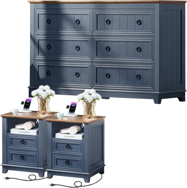 Farmhouse Furniture Set, Nightstands Set of 2 and 6 Drawers Dresser for Bedroom, 54 Inch Wide Wood Dresser and 18" Night Stands with Charging Station for Bedroom, Living Room, Hallway