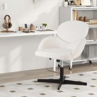 Giantex Criss Cross Chair, Faux Fur Cross Legged Desk Chair No Wheels w/Arms, Height Adjustable Upholstered Vanity Chair, Swivel Accent Chair for Living Room, Home Office, Bedroom, Make Up, White - Image 9