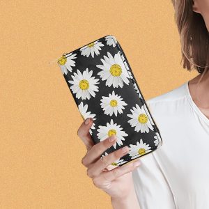 PU Leather Purse for Women, Long Womens Purse with Flower Pattern Multi Compartments Stylish Womens Wallet with Zipper (White)