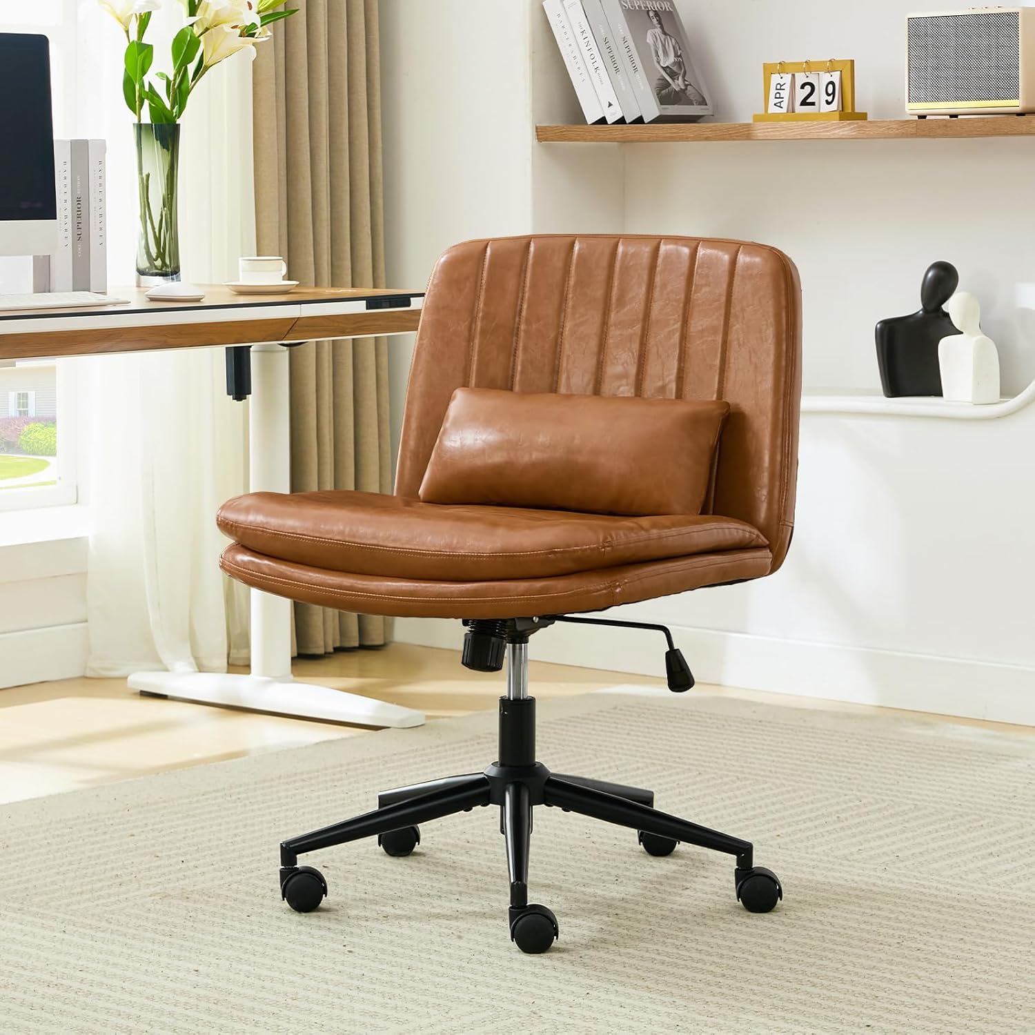 Criss Cross Chair with Wheels, Armless Comfy Thickened Cushion Wide Seat Cross Legged Office Chair with Pillow, Adjustable Swivel Mid Back Computer Task Vanity Home Office Desk Chair (PU, Brown)