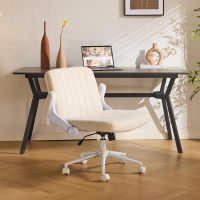 VINGLI Criss Cross Chair with Adjustable Flip-Up Arms,Cross Legged Chair with Wheels, Extra Wide Office Chair,Cozy Desk Chair for Home Office, Vanity, Apartment,Chenille Velvet,Beige - Image 3