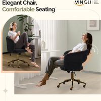 VINGLI Modern Curved Office & Vanity Desk Chair, Cute Upholstered Nail Chair with Wheels & 360° Swivel & Club & Tilting & Gold Base, for Bedroom, Living Room, Makeup, Velvet Chenille, Black - Image 3