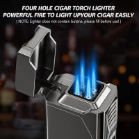 Cigar Torch Lighter, 4 Jet Flame Cigar Lighter with Cigar Cutter V Cut Cigar Accessories Cigar Holder Cigar Punch Cigar Draw Enhancer, Windproof Refillable Butane Lighter, Cigar Gifts for Men - Image 3