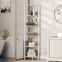 Furnulem 6 Tier Corner Shelf with LED Light, 67.5” Tall Standing Shelf Organizer, White Narrow Bookshelf with Storage Rack for Wall Corner, Living Room, Bedroom, Metal Frame, Wood Display Shelf - Image 4
