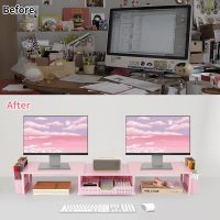 Desk Dual Monitor Stand Riser - Wood Desk Organizer with Drawer and Pen Holders, Office Desk Accessories & Workspace Organization, Computer Monitor Stand for Laptop Printer, Girl Pink - Image 2