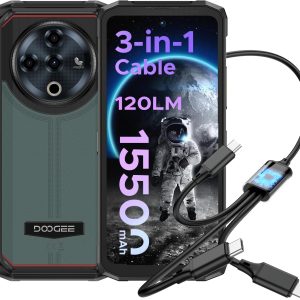 DOOGEE Fire 6 Power Rugged Phone, 120LM Flashlight,15500mAh/33W Rugged Smartphone,20GB+256GB,50MP,6.56’’HD, Android 14,Unlocked Cell Phone with 3-in-1 Data Cable, Dual Unlock/NFC/GPS/OTG/IP69K(Green)
