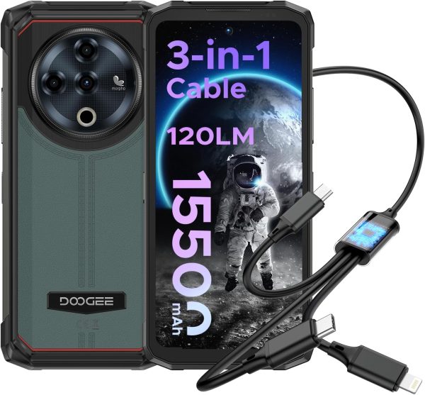 DOOGEE Fire 6 Power Rugged Phone, 120LM Flashlight,15500mAh/33W Rugged Smartphone,20GB+256GB,50MP,6.56’’HD, Android 14,Unlocked Cell Phone with 3-in-1 Data Cable, Dual Unlock/NFC/GPS/OTG/IP69K(Green)