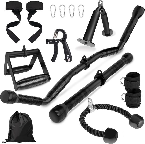 Cable Machine Attachment Set for Gym, LAT Pulldown Attachments, Cable Machine Accessories with Curl Pulldown Bar, Tricep Pull Down Attachment, V Bar, Fitness Equipment Cable Accessories for Home Gym