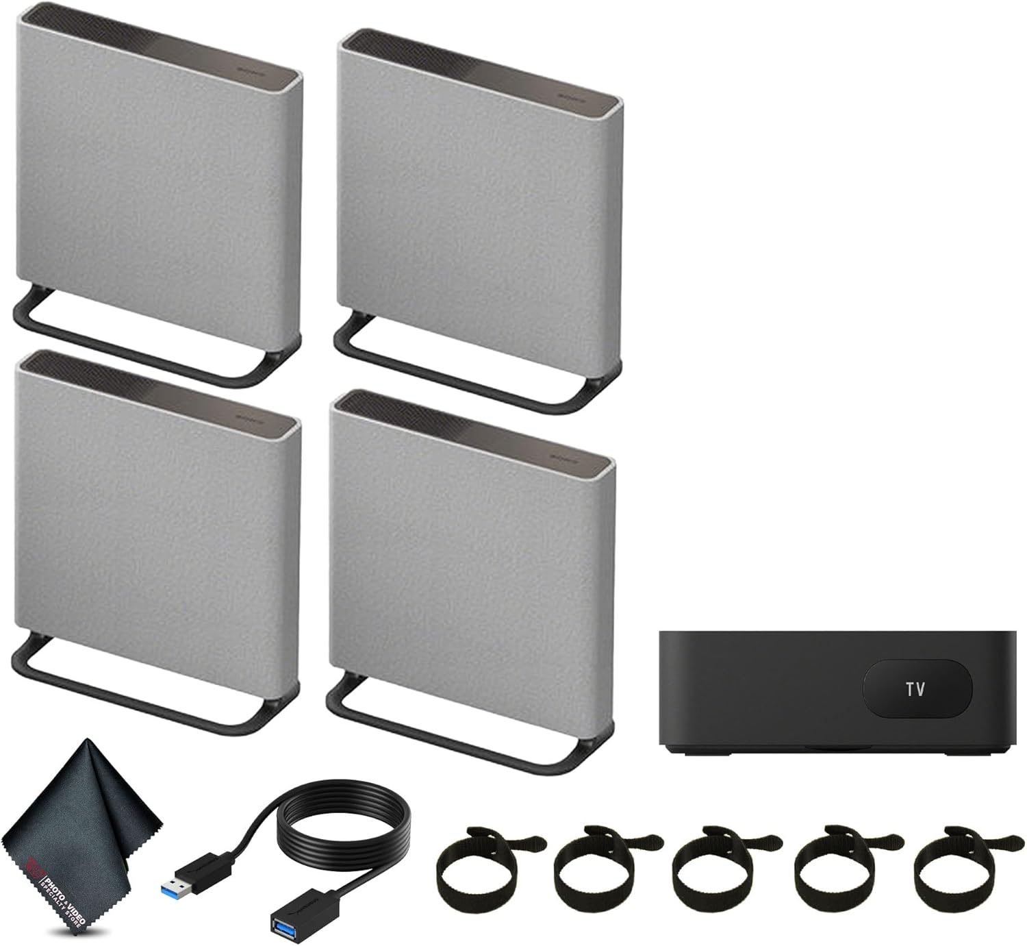 Sony HT-A9M2 BRAVIA Theater Quad 504W 4.0.4-Channel Doly Atmos Surround Speaker (HT-A9M2) Bundle Including: Table Stand, RJ45 Cable, Cable Ties, Surge Protector, and More Accessories (Renewed)