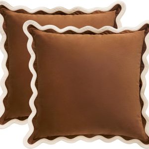 MONDAY MOOSE Decorative Throw Pillow Covers Cushion Cases, Set of 2 Soft Velvet Scalloped Wavy Edge Designs, Mix and Match for Home Decor, Pillow Inserts Not Included (Beige/Brown, 18x18 inch)