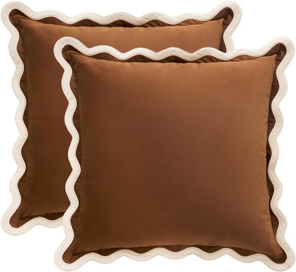 MONDAY MOOSE Decorative Throw Pillow Covers Cushion Cases, Set of 2 Soft Velvet Scalloped Wavy Edge Designs, Mix and Match for Home Decor, Pillow Inserts Not Included (Beige/Brown, 18x18 inch)