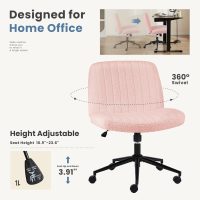 DUMOS Criss Cross Chair with Wheels, Legged Office Armless Wide Desk Seat with Dual-Purpose Base, Adjustable Swivel Teddy Fabric Task Vanity Home Bedroom, Pink - Image 6