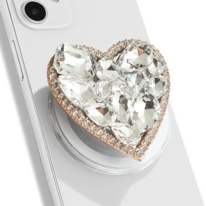 OnTheGrip Compatible with Magsafe Cute Cubic Diamond Heart Shape Design Collapsible Mobile Phone Grip Stand Holder for Smartphone Tablet Cell Phone Accessory (Gold Big)