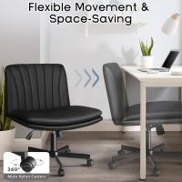 PUKAMI Criss Cross Chair with Wheels,PU Leather Armless Cross Legged Office Vanity Desk Chair for Home Office,Modern Swivel Height Adjustable Wide Seat(Black) - Image 4