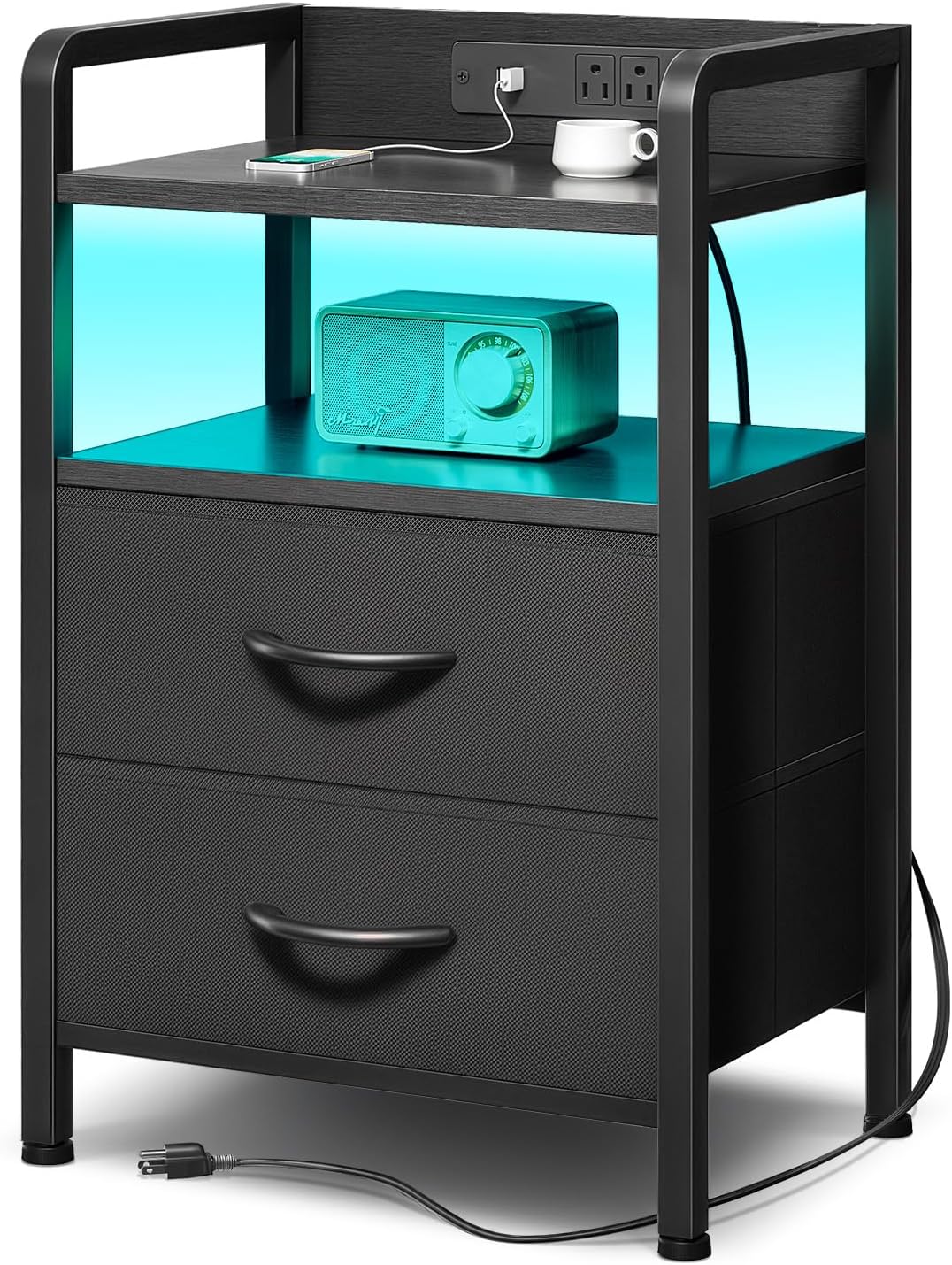 Night Stand Bedside Charger Bedroom – Nightstand with Charging Station & LED Light Strip, Night Stand with Storage Shelf & 2 Fabric Drawers, Morden End Table with U-S-B Ports & AC Outlets