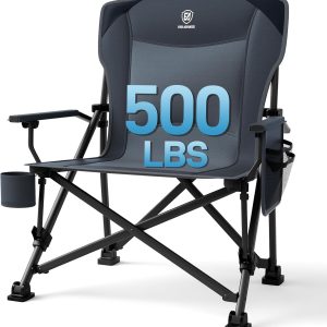 EVER ADVANCED Oversized Folding Camping Chair, for Adults Heavy Duty Lawn Chair with Side Pockets, Portable Collapsible Quad Chair for Outside, Support Up to 500lbs, Grey