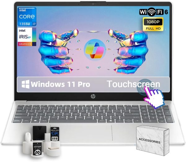 HP Touchscreen Laptop for Business and Students • 15.6" FHD IPS Disaplay • Intel 10-Core i7-1355U • Wi-Fi 6 • AI Noise Removal • Copilot • HD Webcam • w/Accessories • Win 11 Pro • (32 GB RAM, 1TB SSD)