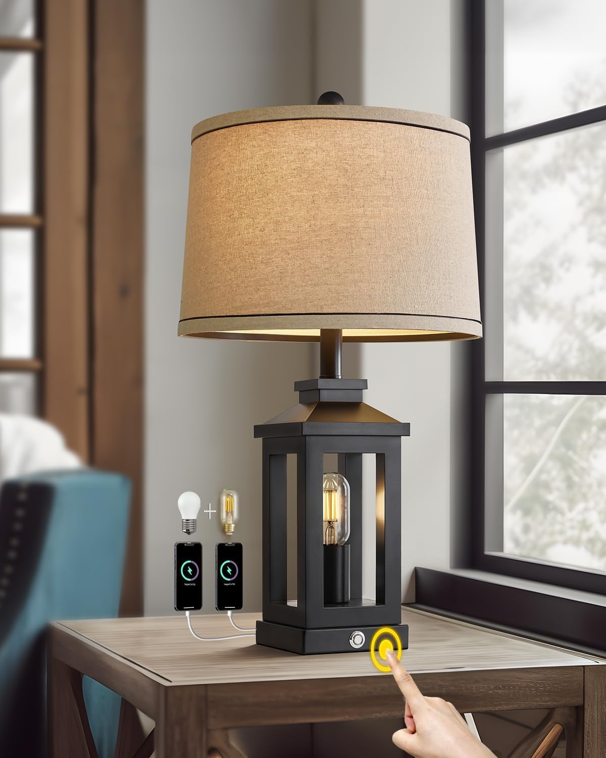 23.75″ Retro Farmhouse Black Table Lamp for Living Room Bedroom Nightstand Single Pack Touch Control Bedside Nightlight Vintage Modern Lamp with USB C+A Ports and 2 Light Sources