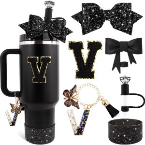 Black Cup Accessories Set for Stanley 30OZ & 40OZ Tumbler with Handle, Letter Charms, Bow & Diamond Straw Covers, Glitter Silicone Boot, Personalized Sticker for Stanley Cup Accessories (V)