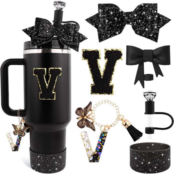 Black Cup Accessories Set for Stanley 30OZ & 40OZ Tumbler with Handle, Letter Charms, Bow & Diamond Straw Covers, Glitter Silicone Boot, Personalized Sticker for Stanley Cup Accessories (V)