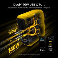 AOHI Magcube 140W USB C Charger PD3.1 3-Port GaN+ Laptop Wall Charger 100W Fast Charging Power Adapter Foldable Plug for MacBook Pro 16'', Dell XPS, iPad Pro, Galaxy, iPhone 15 Pro, Chromebook, Yellow - Image 3