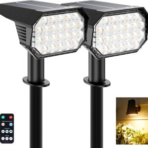 Brightown Solar Lights Outdoor Waterproof IP67, [Cool & Warm Light 2-in-1] Solar Spot Lights Outdoor, 2 Colors 3 Brightness Levels LED Outdoor Solar Lights for Yard Pathway Garden House, 2 Pack