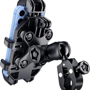 Motorcycle Phone Mount Holder with Vibration Dampener Anti-Shake 720° Adjustable for iPhone 16 Pro Max for Samsung 5.4''-6.9'' Phone Anti-Theft Dirt Bikes(Clamp Base 0.47-1.77" Handlebar)