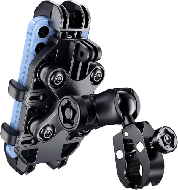 Motorcycle Phone Mount Holder with Vibration Dampener Anti-Shake 720° Adjustable for iPhone 16 Pro Max for Samsung 5.4''-6.9'' Phone Anti-Theft Dirt Bikes(Clamp Base 0.47-1.77" Handlebar)