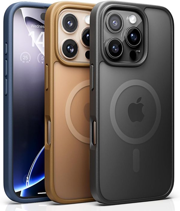 LISEN 3-Pack Magnetic Shockproof for iPhone 16 Pro Case Slim [Fit for MagSafe][Military Grade Drop Protection] Translucent Matte Phone Case for i Phone 16 Pro, Black, Brown, Blue